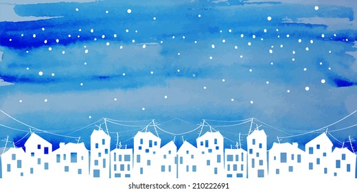 watercolor vector city evening under the stars