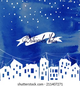 watercolor vector city at night under the stars