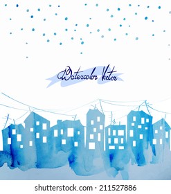 watercolor vector city at night under the stars
