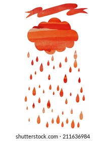 watercolor vector cloud with rain and  ribbon in red