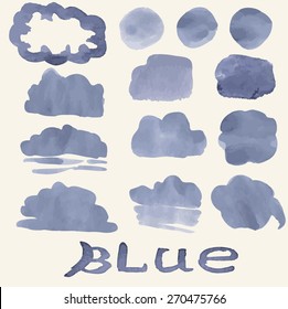 Watercolor Vector clouds set. Natural color icons to text painted with natural dyes - Butterfly pea tea.