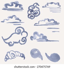 Watercolor Vector clouds set. Natural color icons to text painted with natural dyes - Butterfly pea tea.