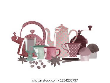 Watercolor vector coffee set.Vintage vector tableware
