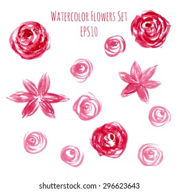 Watercolor vector collection of different flowers. Handdrawn floral elements for spring or summer design of wedding or greeting cards, invitations or flyers. Vector illustration EPS10.