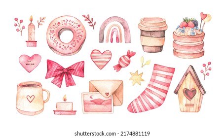 Colección vectorial de acuarela con elementos románticos rosados. Ilustraciones cardíacas, taza linda, flores, pastel, donut, casa de pájaro. Colección de amor. Ilustración infantil. Perfecto para pegatinas, postales