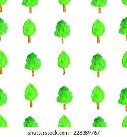 Watercolor vector color tree seamless pattern for gift wrapping, textile design and scrapbooking. EPS 10
