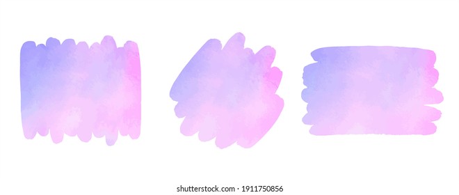 Watercolor vector colorful brush strokes set. Pink, lilac, light violet text frames, artistic backgrounds, banners. Rectangle, rounded smear shapes. Watercolour paint stains graphic design elements.