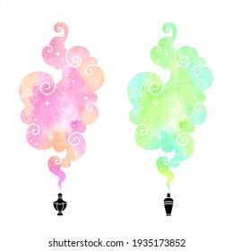 Watercolor vector colorful clouds with swirls. Fragrance concept, perfume scent, aroma visualization. Magic smoke shape. Pink, green watercolour stains. Background for text, graphic design elements.