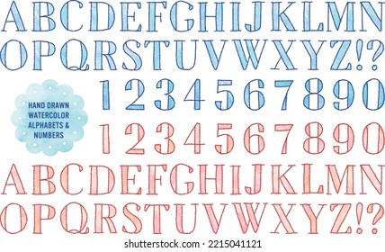 watercolor vector colorful doodle alphabets and numbers (blue and pink)