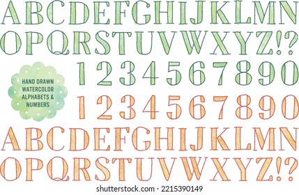 watercolor vector colorful doodle alphabets and numbers (green and orange)