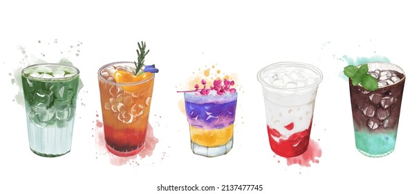 Watercolor vector of colorful drinks in glasses