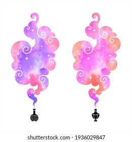 Watercolor vector colorful steam clouds with swirls. Fragrance concept, perfume scent, aroma visualization. Magic smoke shape. Bright watercolour stains background for text, graphic design elements.