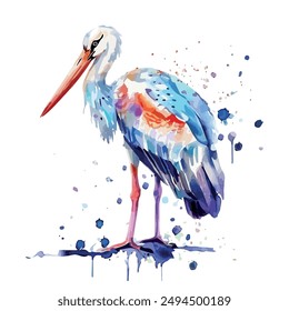 Watercolor vector of colorful stork, isolated on a white background, stork clipart