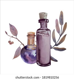 Watercolor vector composition with flask and leaves. Halloween and autumn theme.