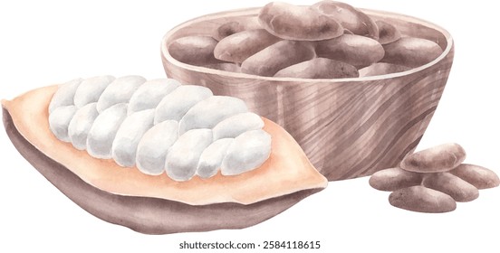 Watercolor vector composition of mug of cocoa beans and half bean. Vector clip art for design.