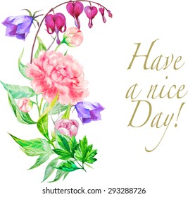 Watercolor vector congratulation card with beautiful garden flowers: pink peony, bell flower and the broken heart flower