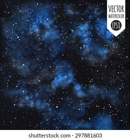 Watercolor vector cosmic background. Night sky with stars. Black with blue stains. Splash texture.
