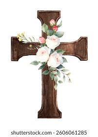 Watercolor vector cross with white roses and leaves. Oriental Catholic symbol. Easter, mourning, religious design elements, eucharisma, church festival.