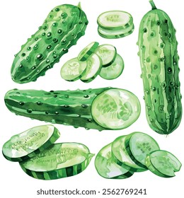 Watercolor vector of Cucumber collection, isolated on a white background, Cucumber painting