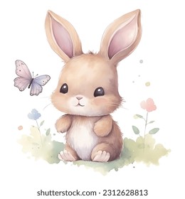 Watercolor vector cute baby bunny on white background