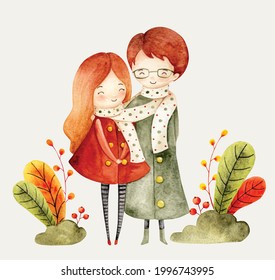 Watercolor vector cute couple with autumn floral