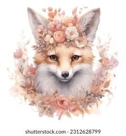 Watercolor vector cute floral fox