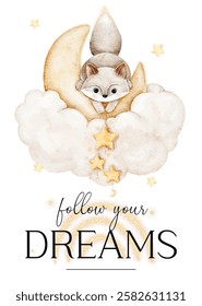 watercolor vector cute illustration with
text follow your dreams, fox and stars