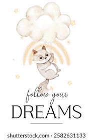 watercolor vector cute illustration with
text follow your dreams, fox and stars