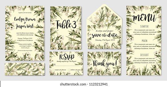 Watercolor vector cute set of wedding invitation templates with leaves and wax flowers and place for inscription. Save date, thank you, rsvp, menu, label.
