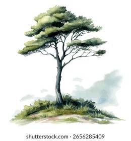 Um vetor aquarela de uma árvore cipreste em uma paisagem nebulosa, isolado em fundo branco.