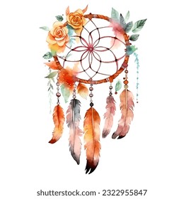 Watercolor vector decoration bohemian dream catcher, boho feathers decoration, native dream chic design