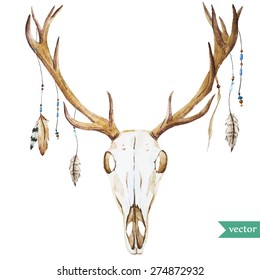 watercolor vector deer head with feathers and ribbons