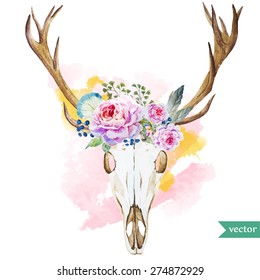 watercolor vector deer head with flowers roses and feathers