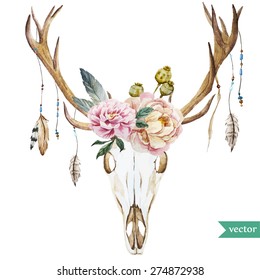 watercolor vector deer head with peony flowers