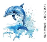 Watercolor vector of Dolphin, isolated on a white background, Dolphin vector, drawing clipart, Illustration Vector, Graphic Painting, design art, logo