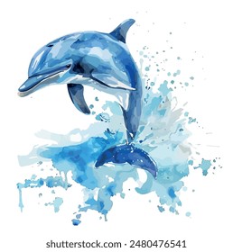 Watercolor vector of Dolphin, isolated on a white background, Dolphin vector, drawing clipart, Illustration Vector, Graphic Painting, design art, logo