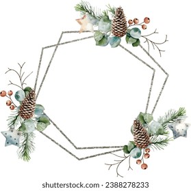 Watercolor vector double brilliant silver geometric borders with spruce, fir, cedar branches, eucalyptus, pine cones, winter berries. Banner. Hand drawn.Template space for text, message, sign for gree