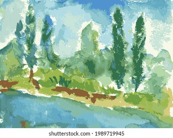 Watercolor vector drawing of abstract riverside landscape with trees on summer day
