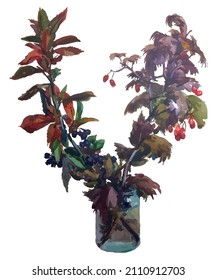 Watercolor vector drawing of autumn bouquet from branches fruit trees with ripe berries in glass jar