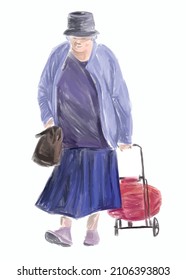Watercolor vector drawing of casual old woman with bags strolling outdoors