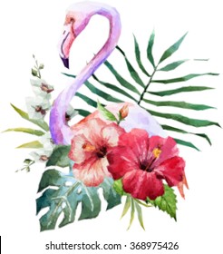 watercolor vector drawing flamingo flower with hibiscus and palm leaves, polygon illustration