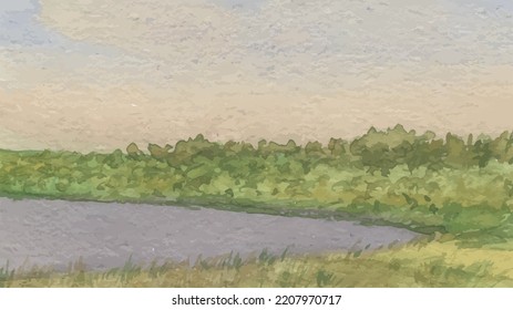 Aquarell-Vektorgrafik der Flusslandschaft im Sommer