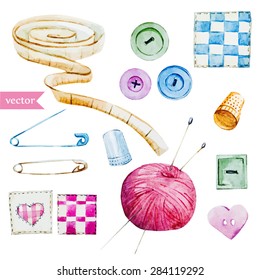 watercolor vector drawing, needlework, thread, pins, button