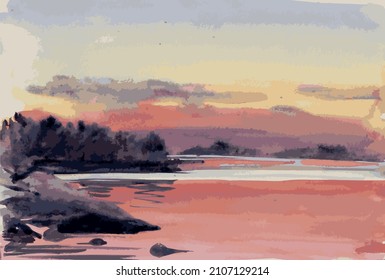 Watercolor vector drawing of red sunset over forest lake in summer evening