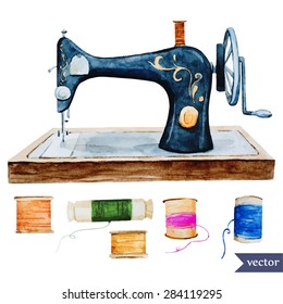 watercolor vector drawing, sewing machine, thread, needlework