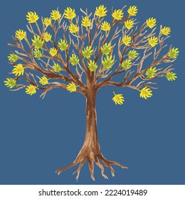 Watercolor vector drawing of silhouette abstract decorative deciduous tree with yellow leaves