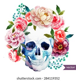 watercolor vector drawing skull with flowers peonies, roses. boho style