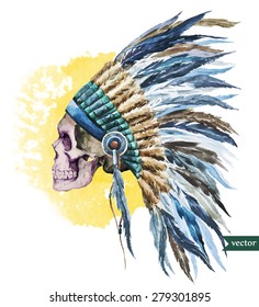 watercolor vector drawing skull war bonnet, in the style of boho