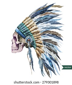 watercolor vector drawing skull war bonnet