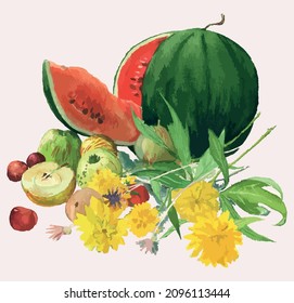 Watercolor vector drawing still life and ripe watermelon  fruits   yellow flowers